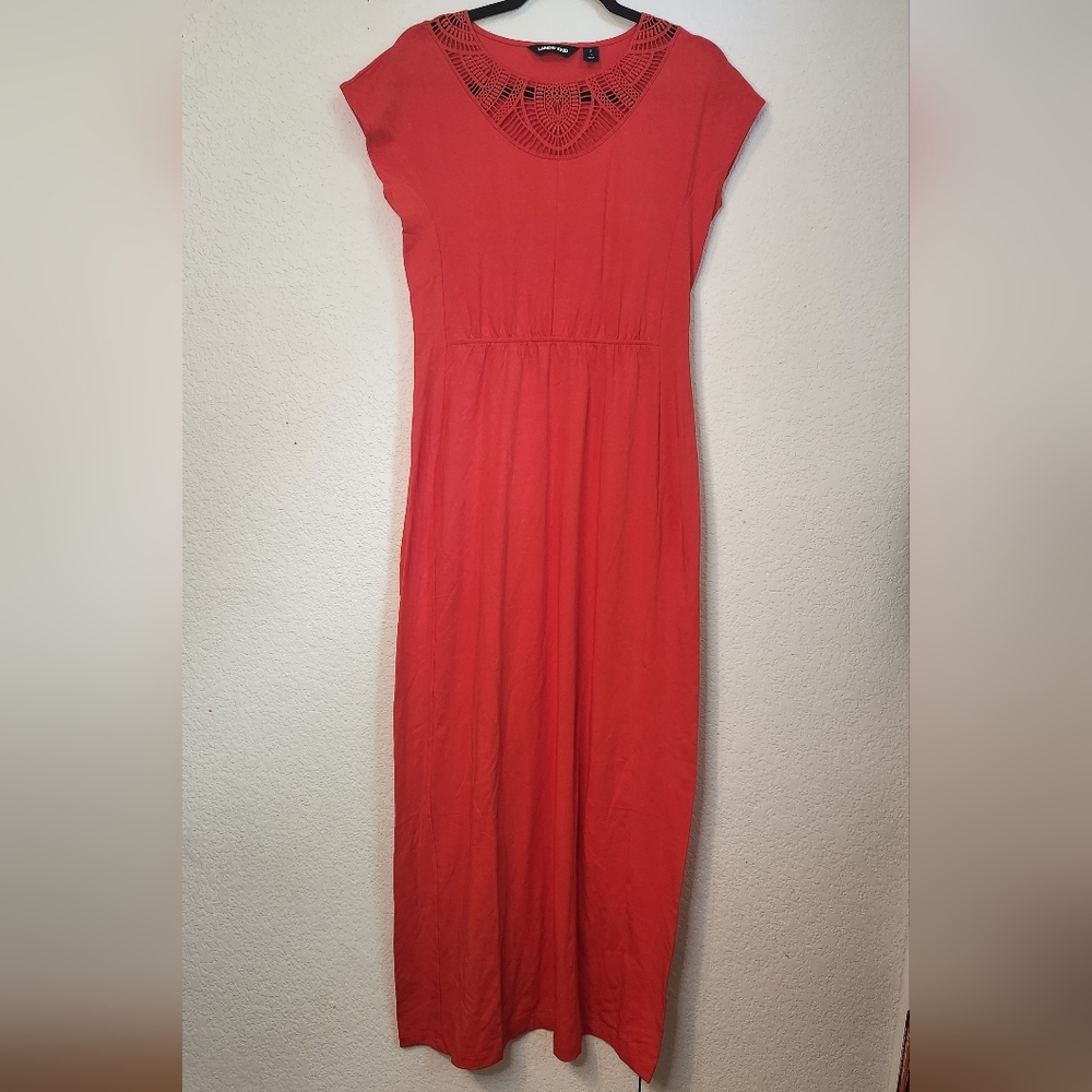 Lands' End Bright Poppy Maxi Dress with‎ Crochet Neck, Size S